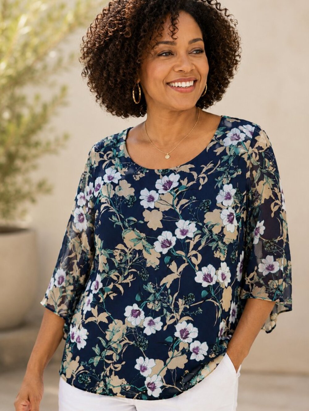 Feiersi Women’s Medium Navy Floral Chiffon Blouse Sheer 3/4 Sleeve NWT